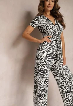 Czarno-Biały Kopertowy Kombinezon Taliowany z Szerokimi Nogawkami Talamla