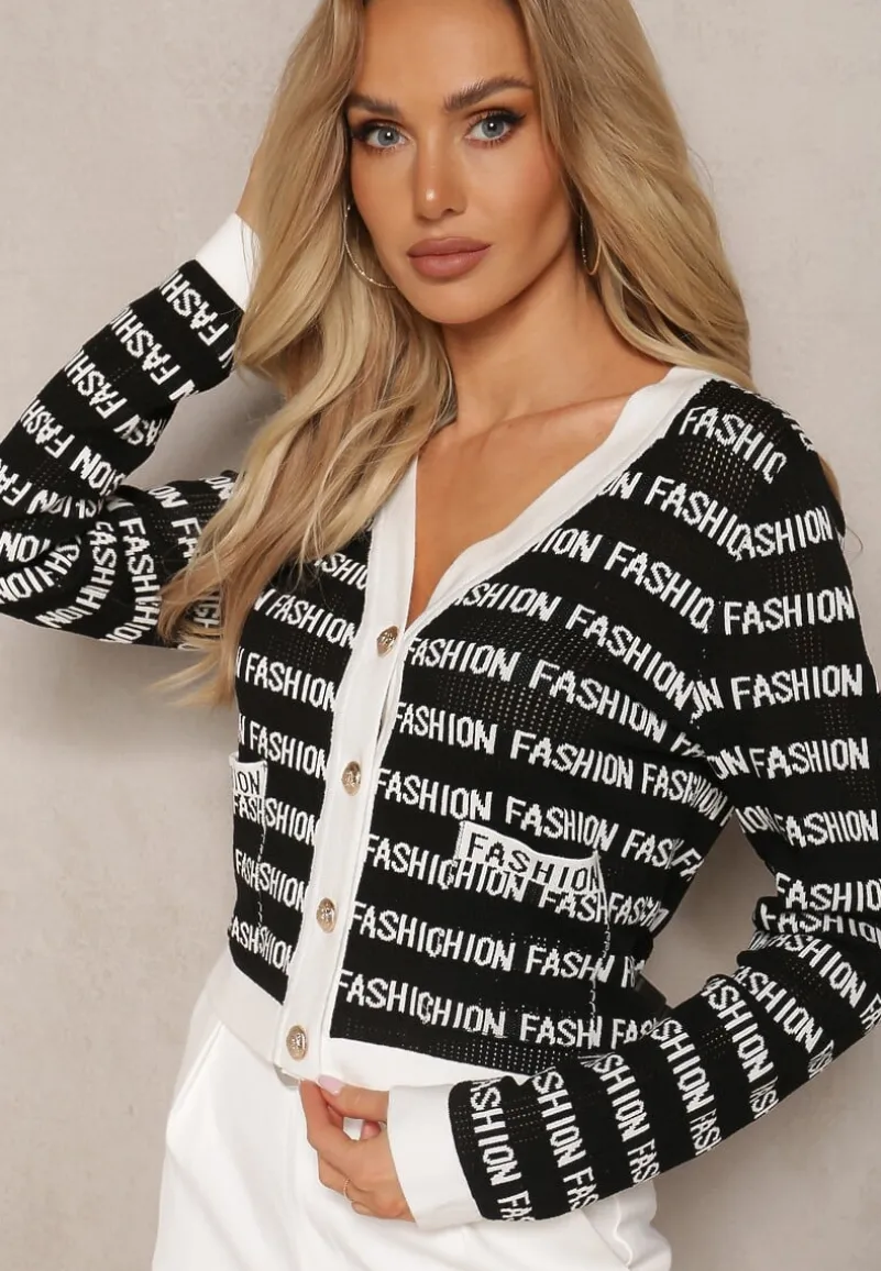 Czarno-Biały Krótki Kardigan z Napisami Fashion i Guzikami Winifa