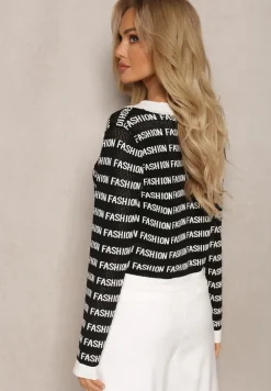 Czarno-Biały Krótki Kardigan z Napisami Fashion i Guzikami Winifa