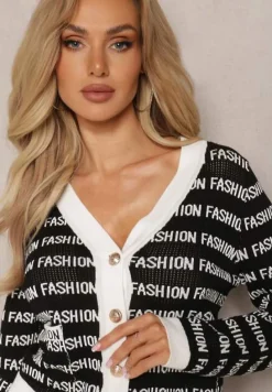 Czarno-Biały Krótki Kardigan z Napisami Fashion i Guzikami Winifa