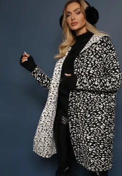 Czarno-Biały Niezapinany Kardigan z Kieszeniami w Panterkowy Print Riaverna