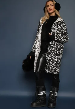 Czarno-Biały Niezapinany Kardigan z Kieszeniami w Panterkowy Print Riaverna