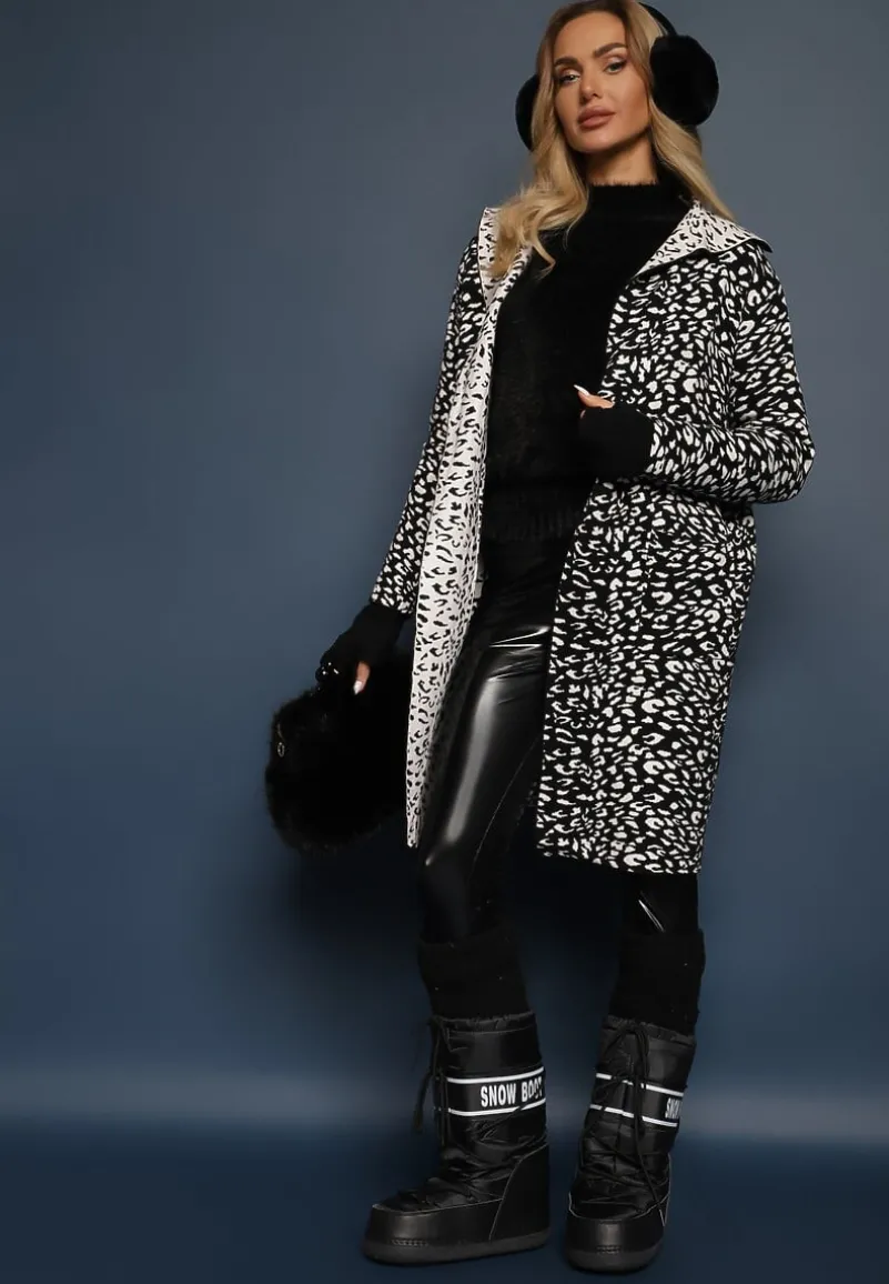 Czarno-Biały Niezapinany Kardigan z Kieszeniami w Panterkowy Print Riaverna