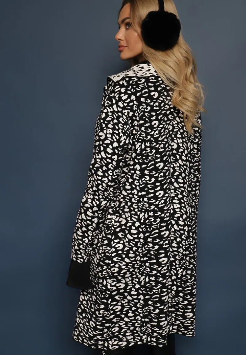 Czarno-Biały Niezapinany Kardigan z Kieszeniami w Panterkowy Print Riaverna