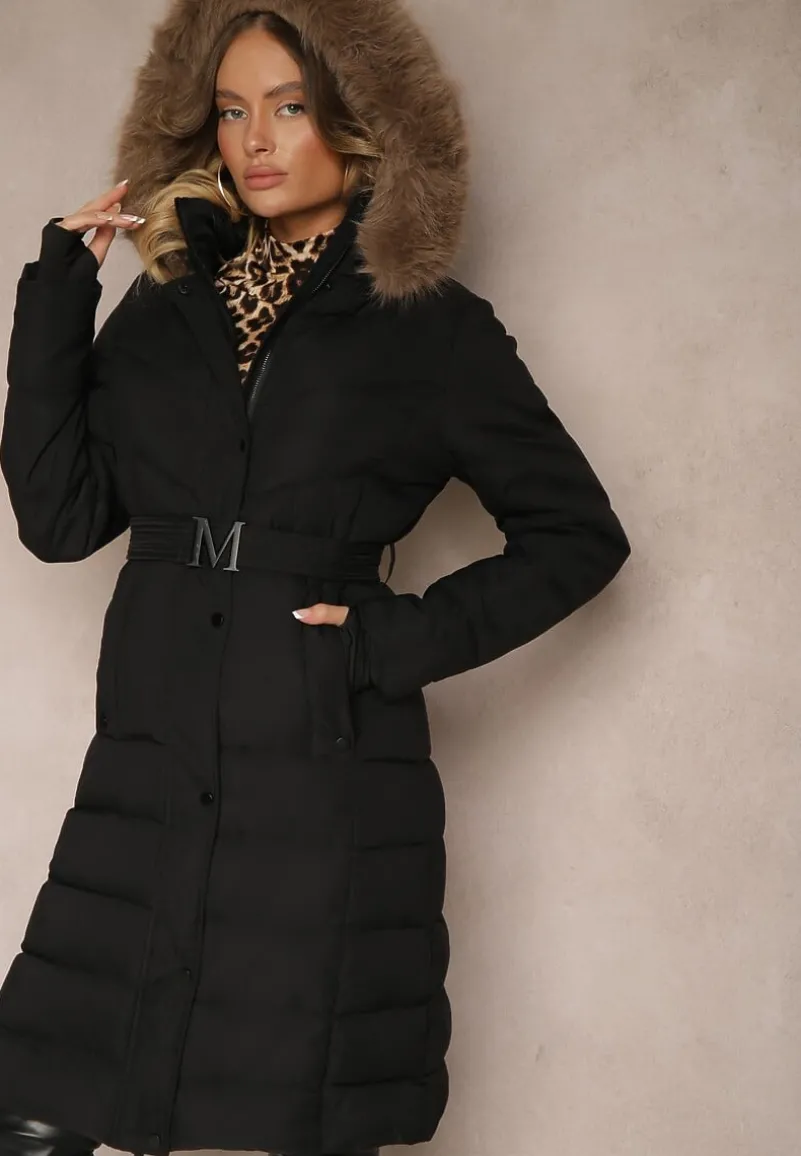 Czarno-Brązowa Kurtka z Odpinanym Futerkiem Taliowana o Długim Fasonie Delavira