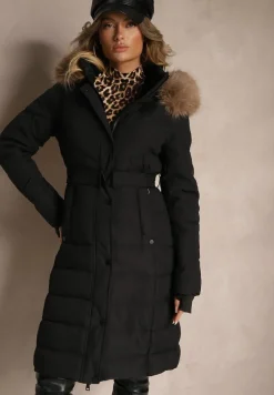 Czarno-Brązowa Kurtka z Odpinanym Futerkiem Taliowana o Długim Fasonie Delavira