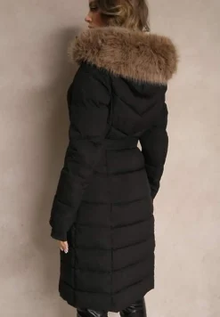 Czarno-Brązowa Kurtka z Odpinanym Futerkiem Taliowana o Długim Fasonie Delavira