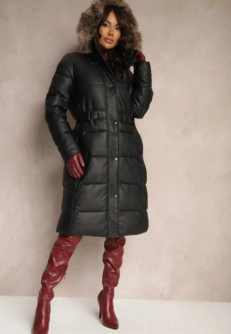 Czarno-Brązowa Kurtka z Pikowanymi Przeszyciami i Kapturem z Futrem z Możliwością Odpięcia Innaia