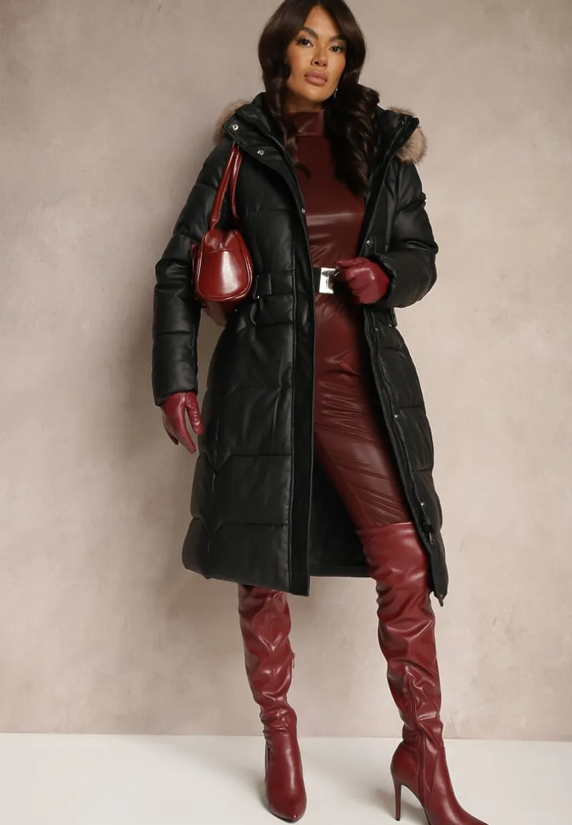 Czarno-Brązowa Kurtka z Pikowanymi Przeszyciami i Kapturem z Futrem z Możliwością Odpięcia Innaia