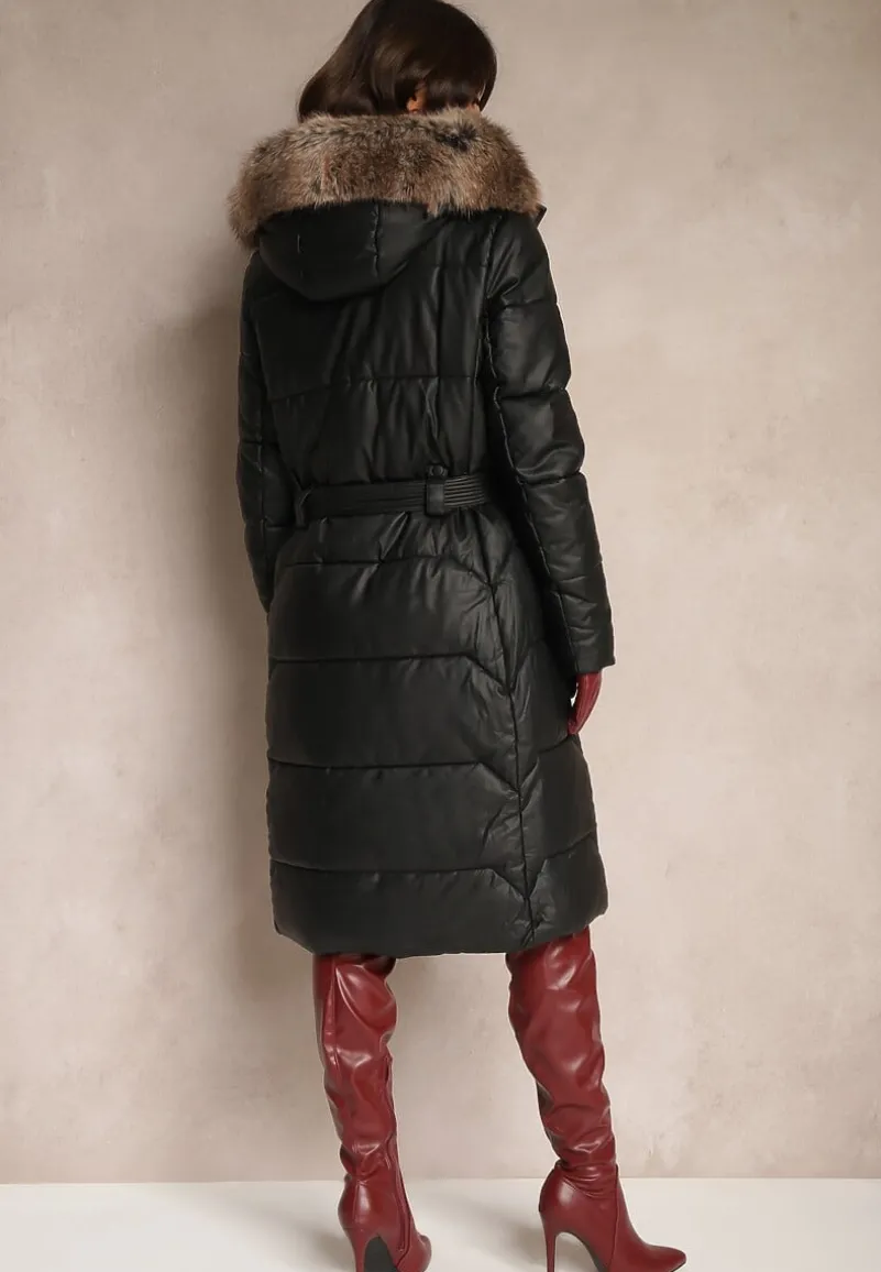 Czarno-Brązowa Kurtka z Pikowanymi Przeszyciami i Kapturem z Futrem z Możliwością Odpięcia Innaia