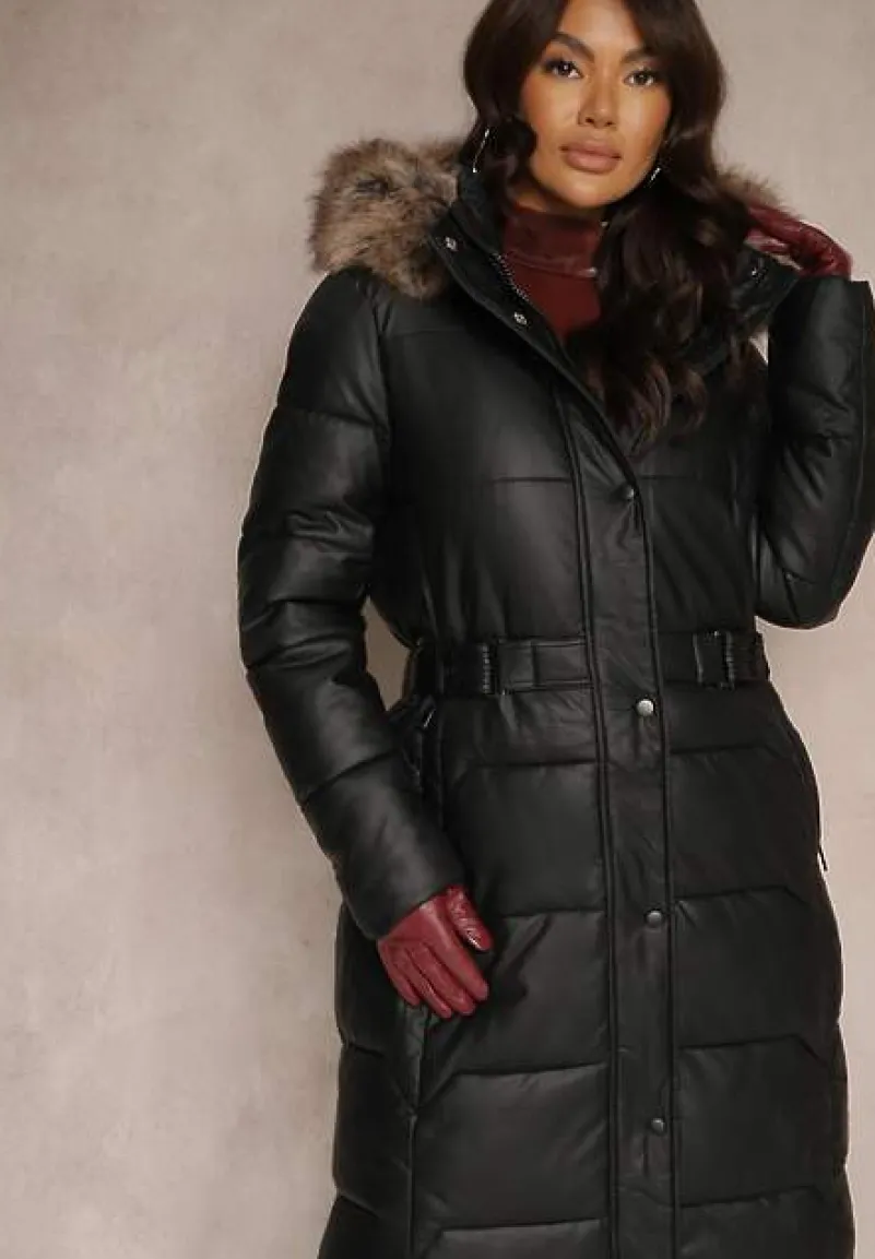 Czarno-Brązowa Kurtka z Pikowanymi Przeszyciami i Kapturem z Futrem z Możliwością Odpięcia Innaia