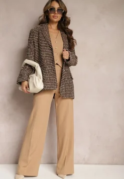 Czarno-Brązowa Tweedowa Marynarka Jednorzędowa z Ozdobnymi Guzikami Arielitta