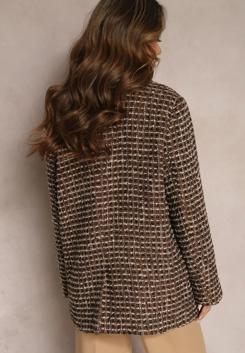 Czarno-Brązowa Tweedowa Marynarka Jednorzędowa z Ozdobnymi Guzikami Arielitta