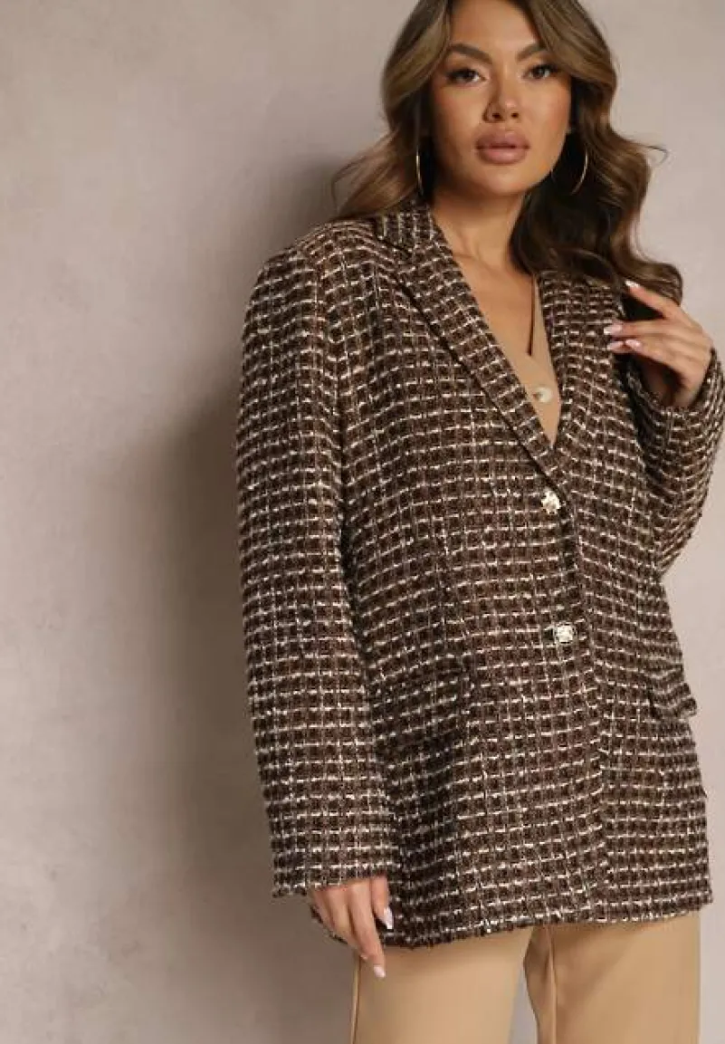 Czarno-Brązowa Tweedowa Marynarka Jednorzędowa z Ozdobnymi Guzikami Arielitta