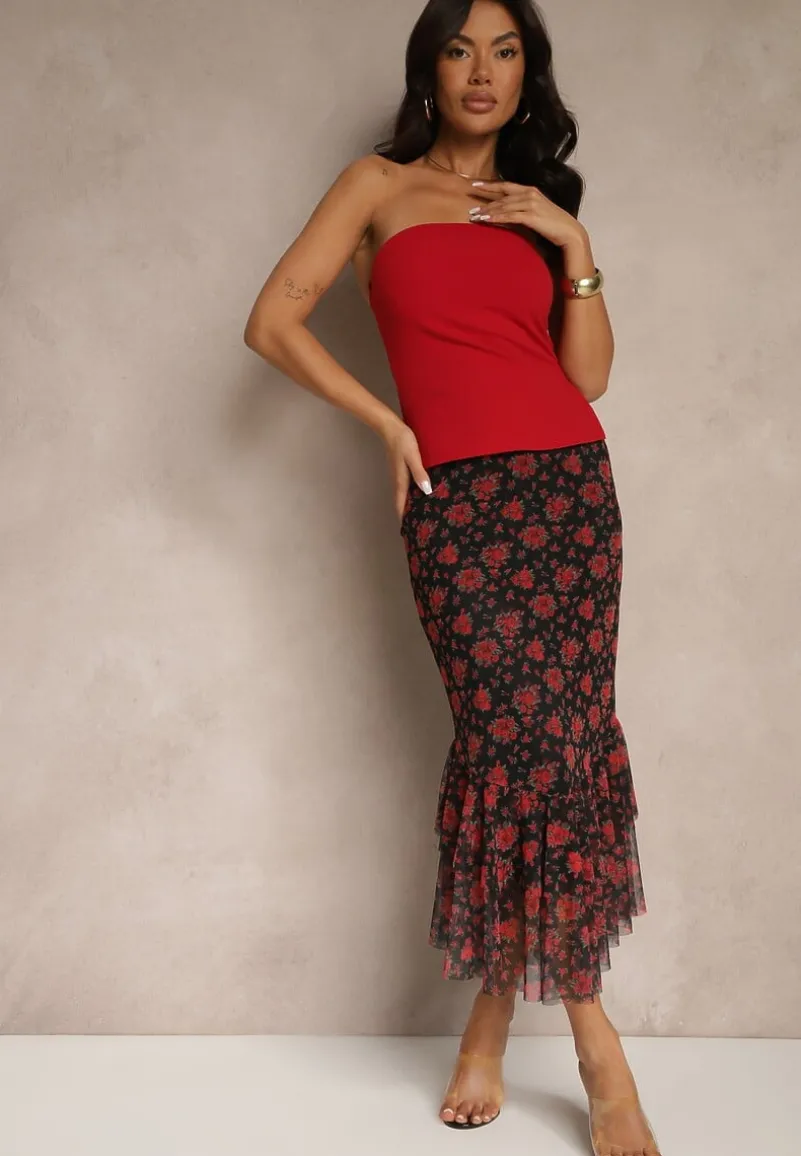 Czarno-Czerwona Dopasowana Spódnica z Ozdobną Falbaną Efravaria