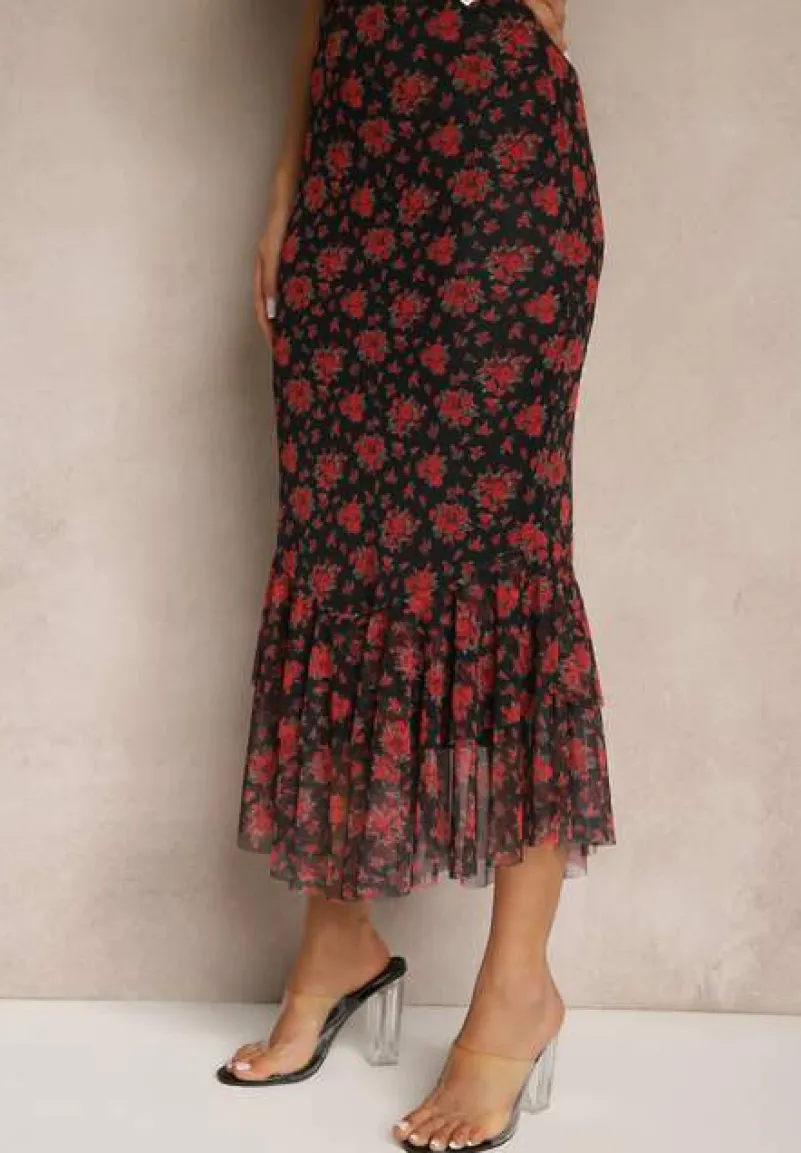 Czarno-Czerwona Dopasowana Spódnica z Ozdobną Falbaną Efravaria