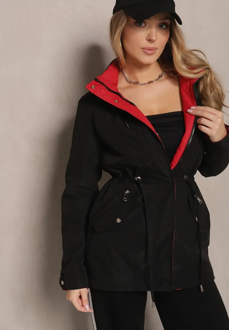 Czarno-Czerwona Kurtka Parka Dwustronna z Regulowanymi Rękawami i Odpinanym Kapturem Deneria