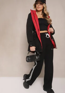 Czarno-Czerwona Kurtka Parka Dwustronna z Regulowanymi Rękawami i Odpinanym Kapturem Deneria