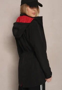 Czarno-Czerwona Kurtka Parka Dwustronna z Regulowanymi Rękawami i Odpinanym Kapturem Deneria