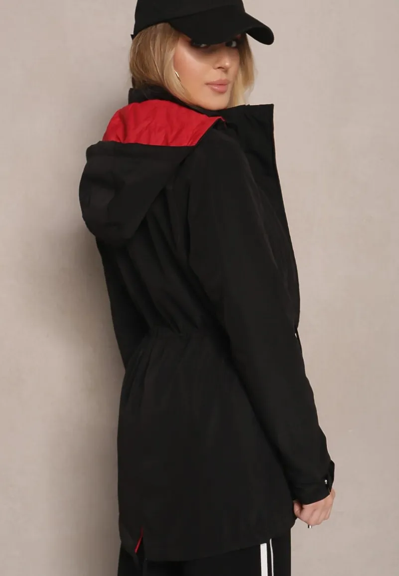 Czarno-Czerwona Kurtka Parka Dwustronna z Regulowanymi Rękawami i Odpinanym Kapturem Deneria