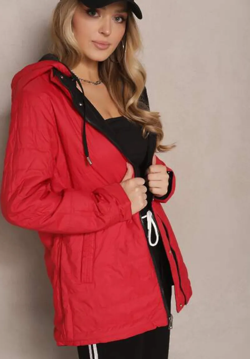 Czarno-Czerwona Kurtka Parka Dwustronna z Regulowanymi Rękawami i Odpinanym Kapturem Deneria