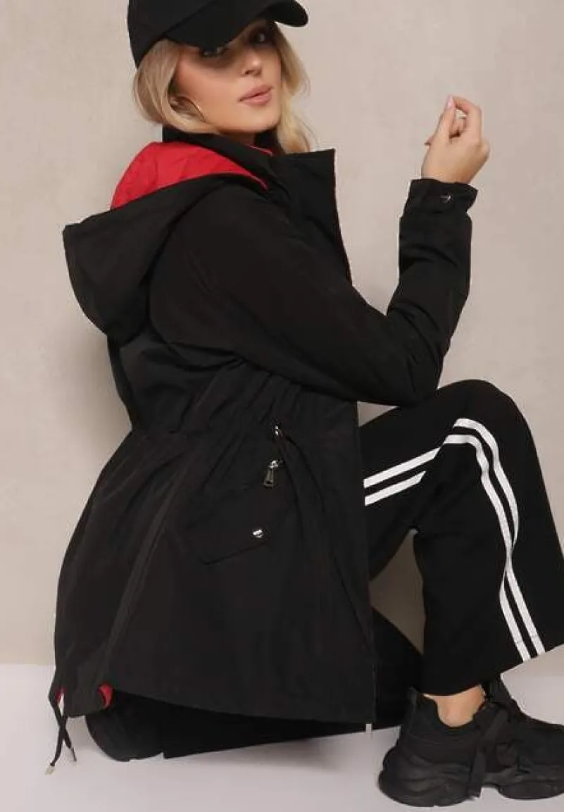 Czarno-Czerwona Kurtka Parka Dwustronna z Regulowanymi Rękawami i Odpinanym Kapturem Deneria