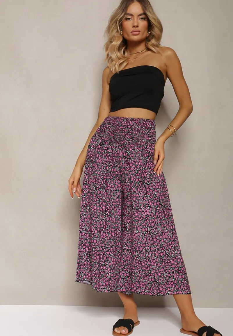 Czarno-Fioletowe Bawełniane Spodnie z Szerokimi Nogawkami 7/8 w Kwiatki Aliany