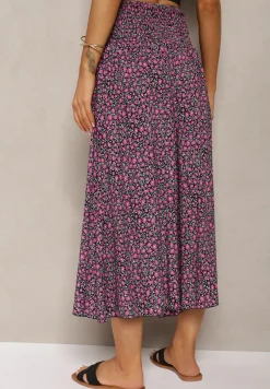 Czarno-Fioletowe Bawełniane Spodnie z Szerokimi Nogawkami 7/8 w Kwiatki Aliany