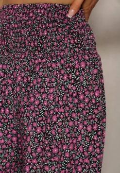 Czarno-Fioletowe Bawełniane Spodnie z Szerokimi Nogawkami 7/8 w Kwiatki Aliany