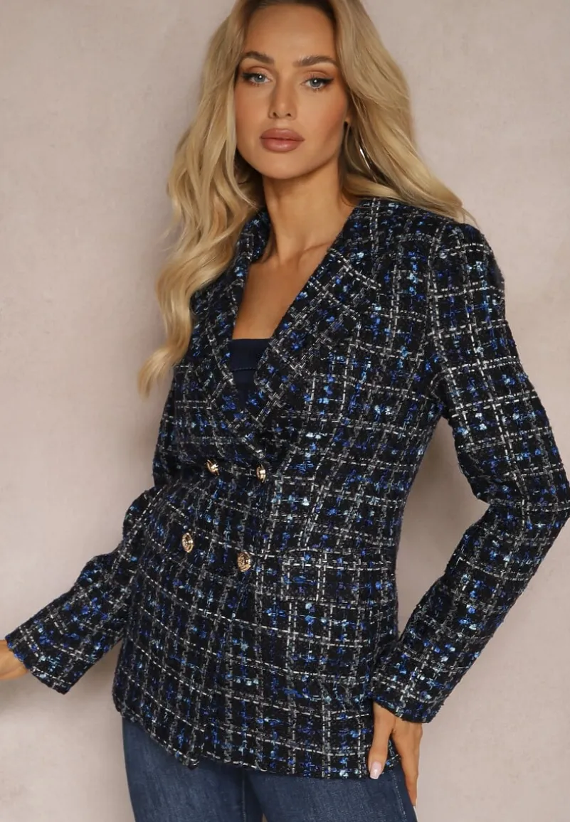 Czarno-Granatowa Tweedowa Marynarka Dwurzędowa Zapinana na Biżuteryjne Guziki Nallet