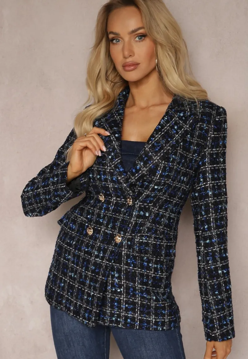 Czarno-Granatowa Tweedowa Marynarka Dwurzędowa Zapinana na Biżuteryjne Guziki Nallet