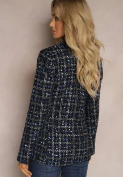 Czarno-Granatowa Tweedowa Marynarka Dwurzędowa Zapinana na Biżuteryjne Guziki Nallet
