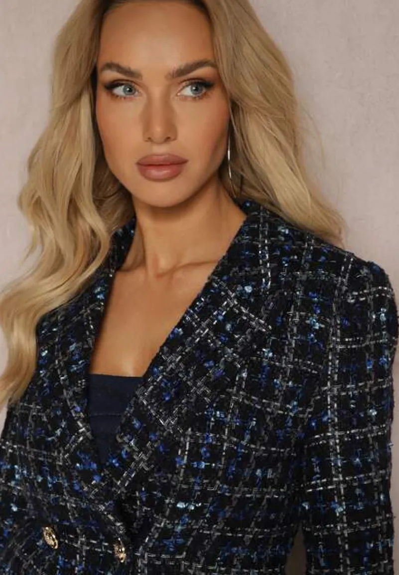 Czarno-Granatowa Tweedowa Marynarka Dwurzędowa Zapinana na Biżuteryjne Guziki Nallet