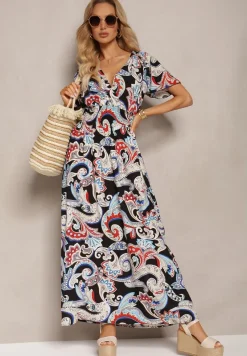 Czarno-Niebieska Rozkloszowana Sukienka z Bawełny o Kopertowym Kroju w Print Paisley Piavella