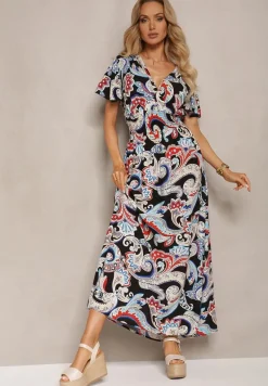 Czarno-Niebieska Rozkloszowana Sukienka z Bawełny o Kopertowym Kroju w Print Paisley Piavella