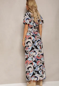 Czarno-Niebieska Rozkloszowana Sukienka z Bawełny o Kopertowym Kroju w Print Paisley Piavella