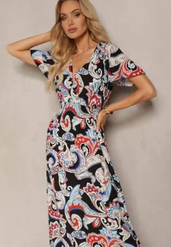 Czarno-Niebieska Rozkloszowana Sukienka z Bawełny o Kopertowym Kroju w Print Paisley Piavella