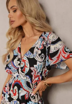 Czarno-Niebieska Rozkloszowana Sukienka z Bawełny o Kopertowym Kroju w Print Paisley Piavella