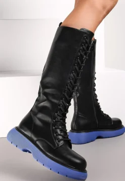 Czarno-Niebieskie Kozaki Sznurowane na Grubej Podeszwie Zolmi