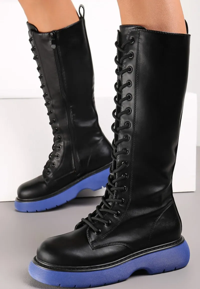 Czarno-Niebieskie Kozaki Sznurowane na Grubej Podeszwie Zolmi