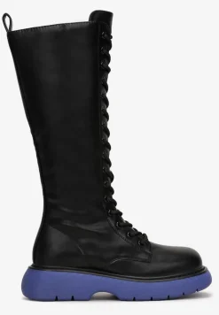 Czarno-Niebieskie Kozaki Sznurowane na Grubej Podeszwie Zolmi