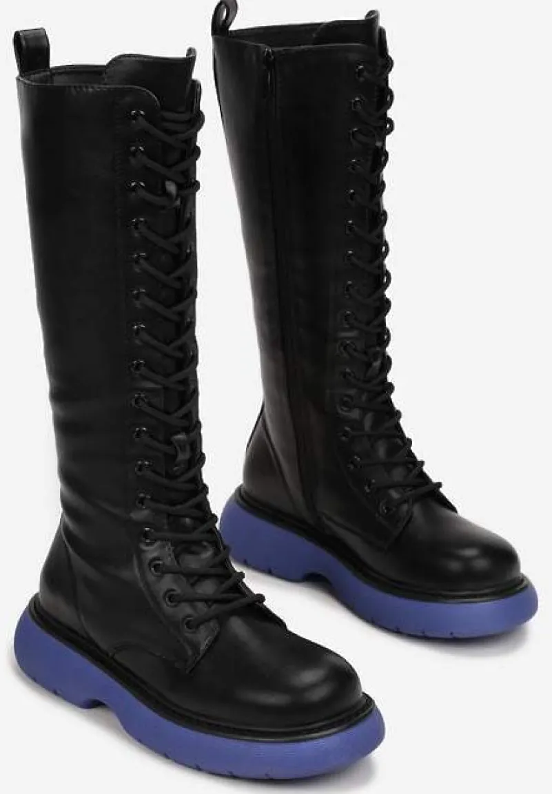 Czarno-Niebieskie Kozaki Sznurowane na Grubej Podeszwie Zolmi
