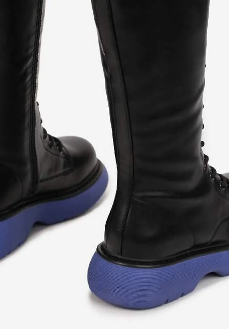 Czarno-Niebieskie Kozaki Sznurowane na Grubej Podeszwie Zolmi