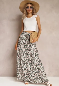 Czarno-Różowa Bawełniana Spódnica Maxi z Troczkiem i Printem w Kwiaty Yibji