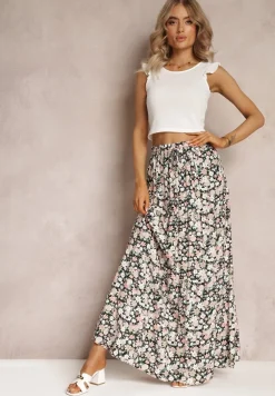 Czarno-Różowa Bawełniana Spódnica Maxi z Troczkiem i Printem w Kwiaty Yibji