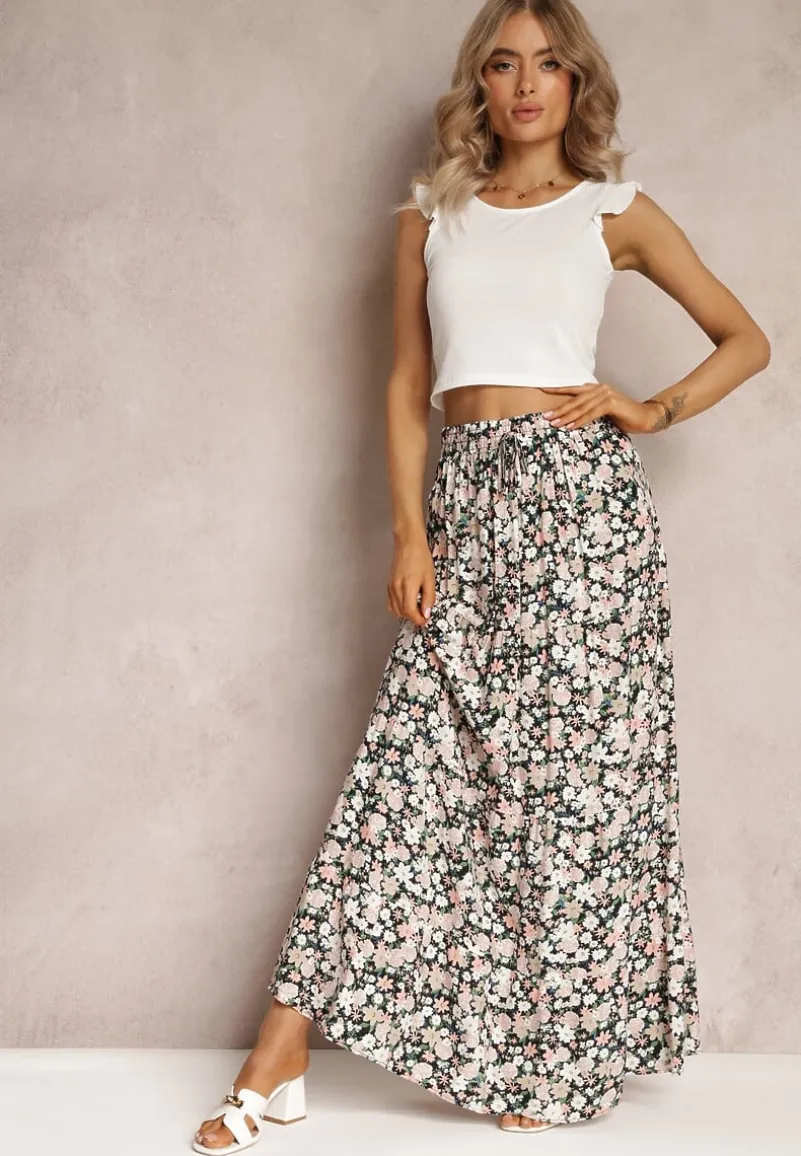 Czarno-Różowa Bawełniana Spódnica Maxi z Troczkiem i Printem w Kwiaty Yibji