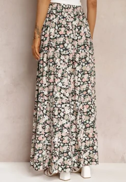 Czarno-Różowa Bawełniana Spódnica Maxi z Troczkiem i Printem w Kwiaty Yibji