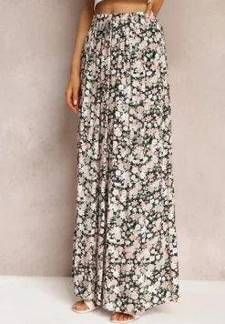 Czarno-Różowa Bawełniana Spódnica Maxi z Troczkiem i Printem w Kwiaty Yibji