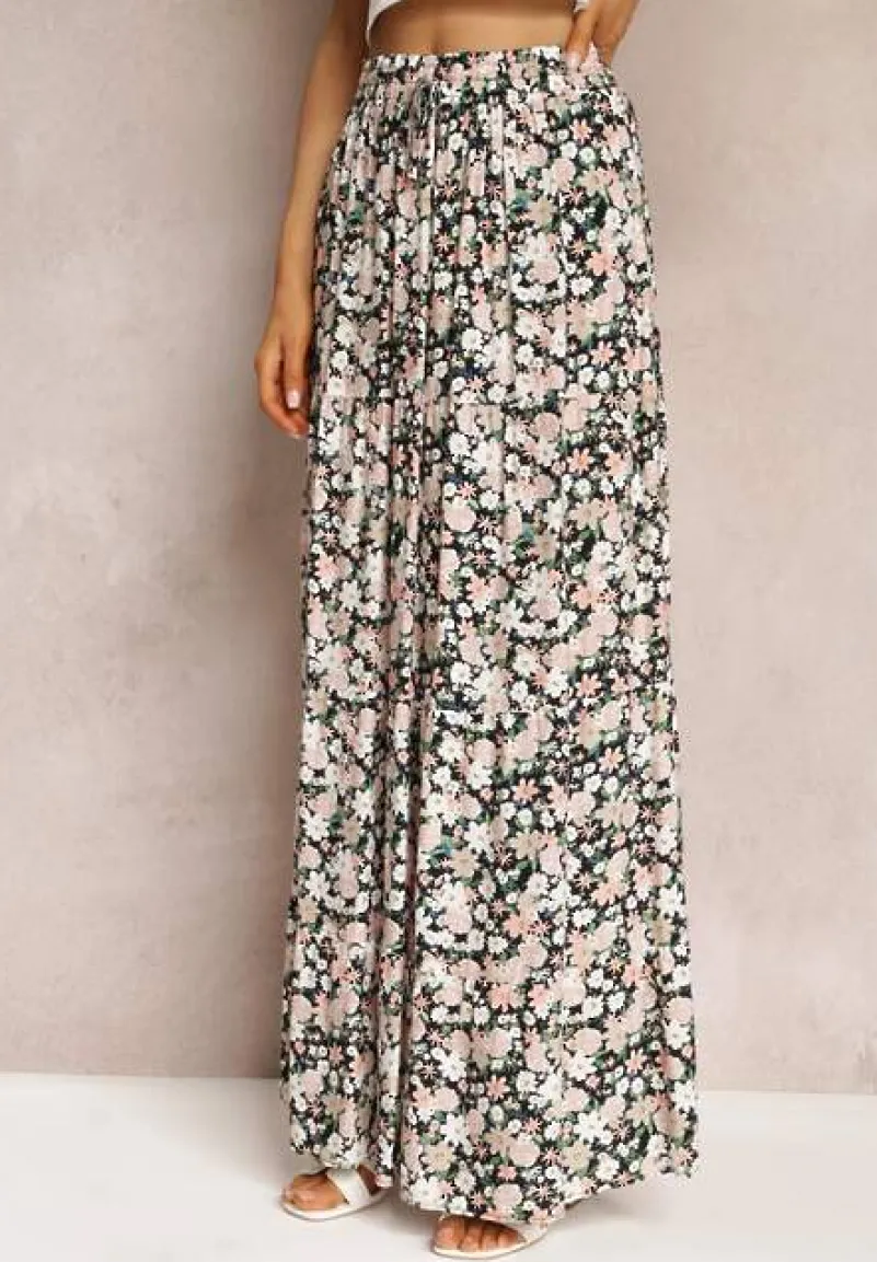Czarno-Różowa Bawełniana Spódnica Maxi z Troczkiem i Printem w Kwiaty Yibji