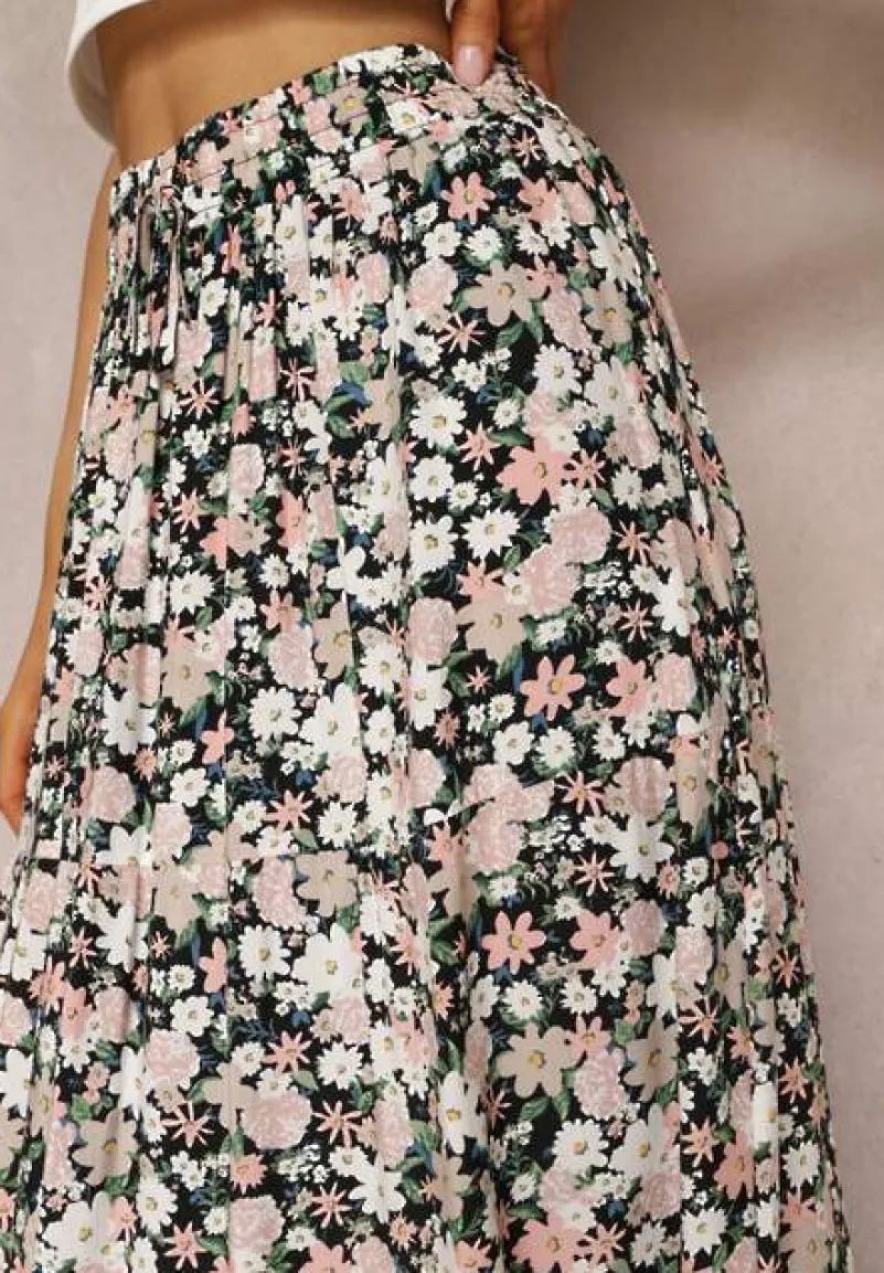 Czarno-Różowa Bawełniana Spódnica Maxi z Troczkiem i Printem w Kwiaty Yibji